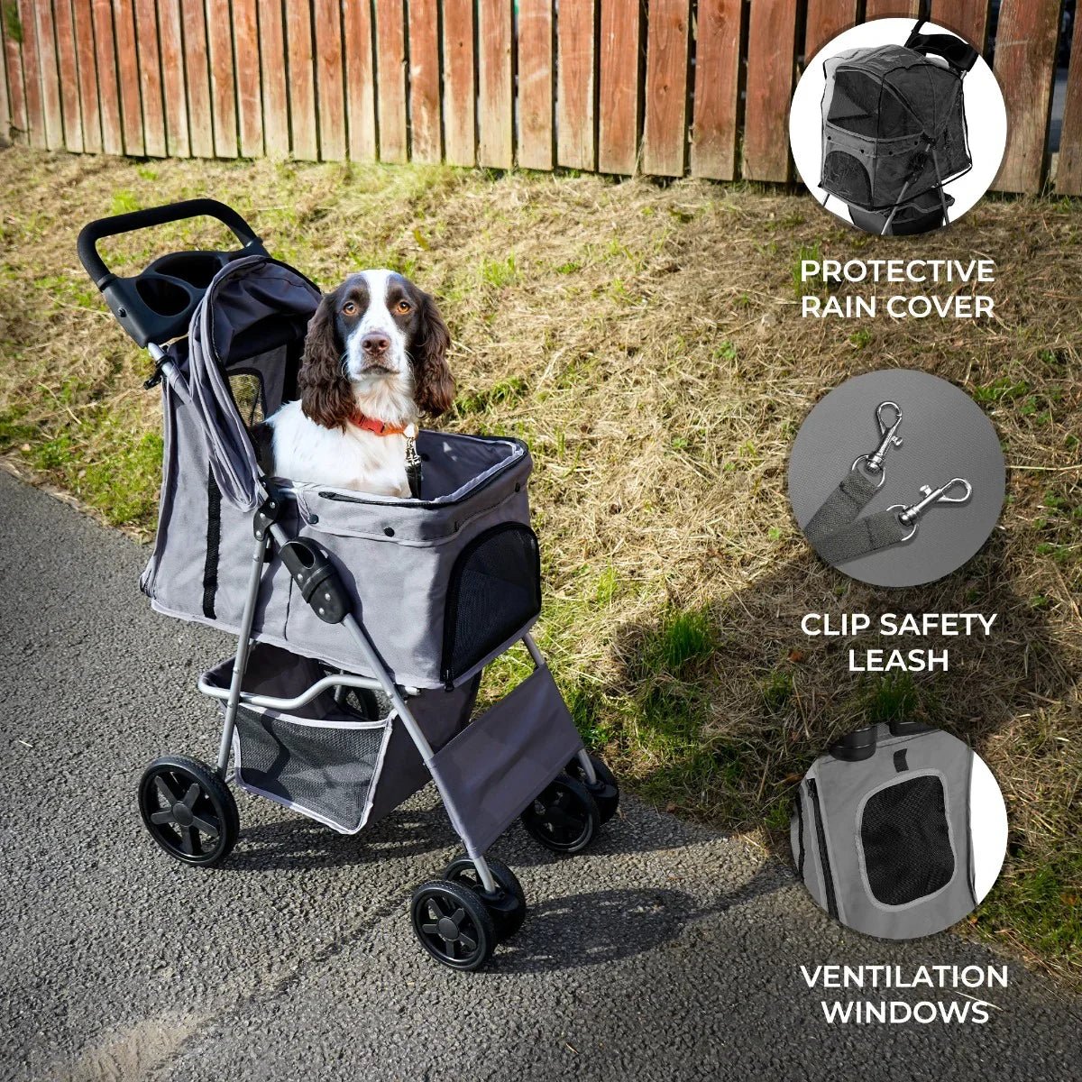 Pet Stroller with Rain Cover – Grey - Image 2