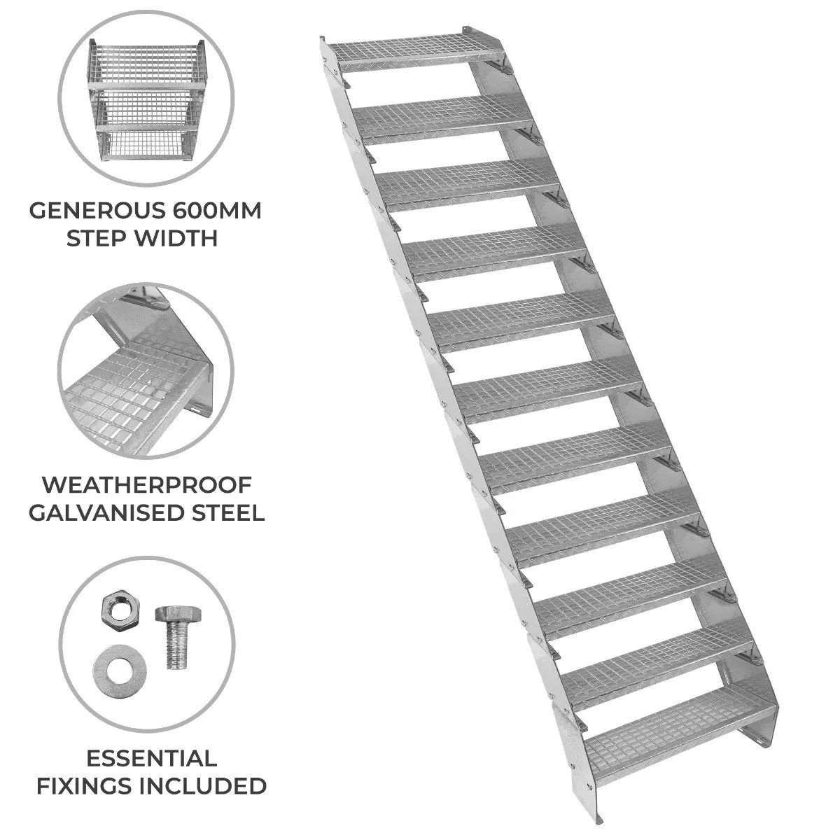Adjustable 11 Section Galvanised Staircase - 600mm Wide - Image 2