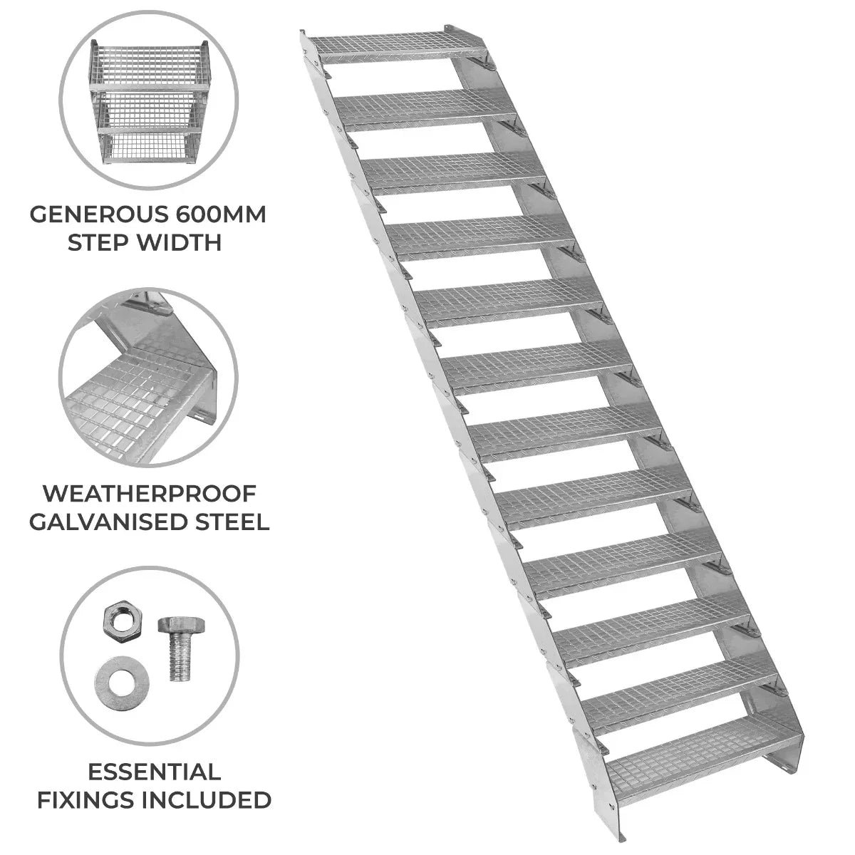 Adjustable 12 Section Galvanised Staircase - 600mm Wide - Image 2