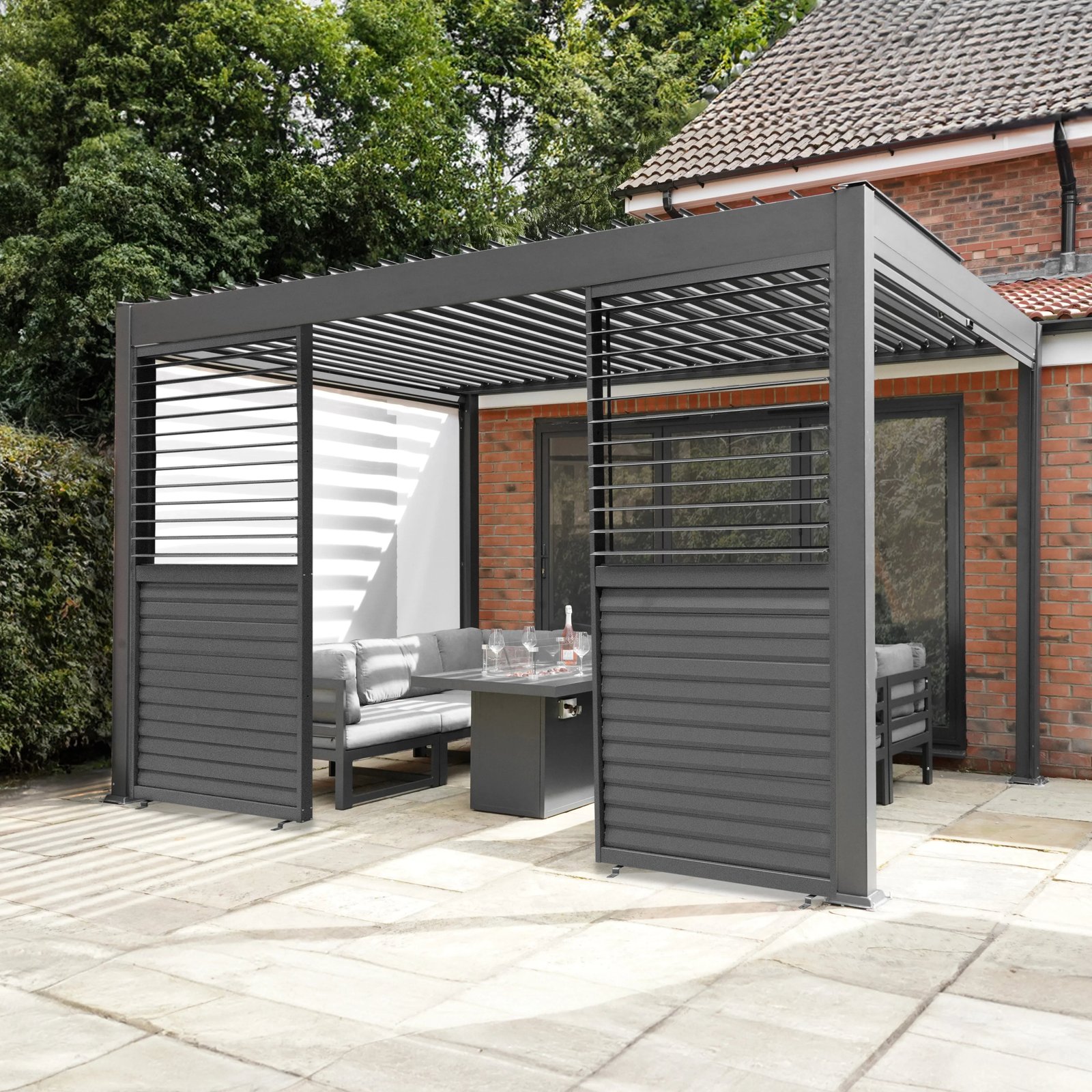 Anthracite Aluminium Pergola With White Blinds & 2 Shutter Panels - 3m x 4m - Image 4