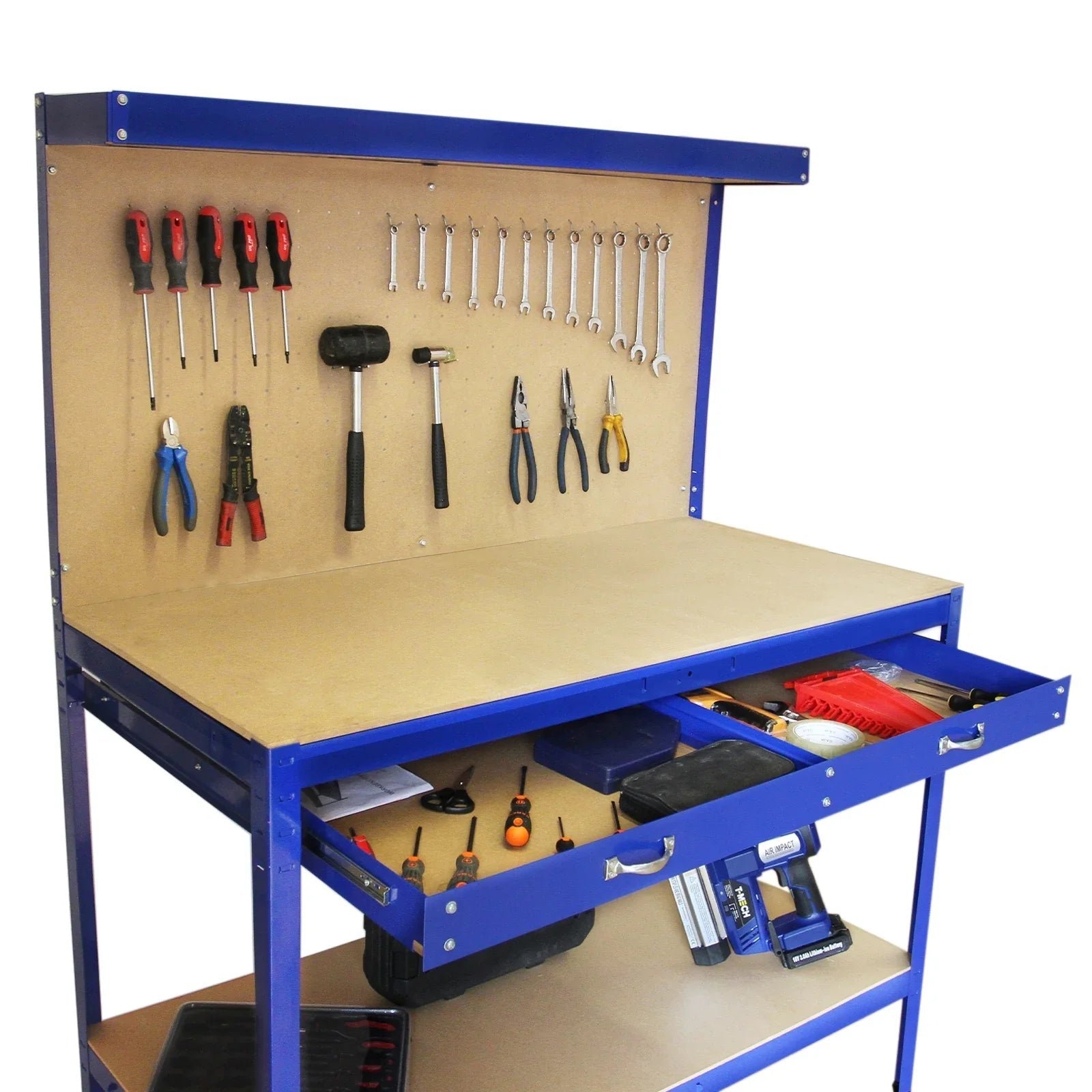 Workbench With Pegboard And Drawer In Blue - Image 24