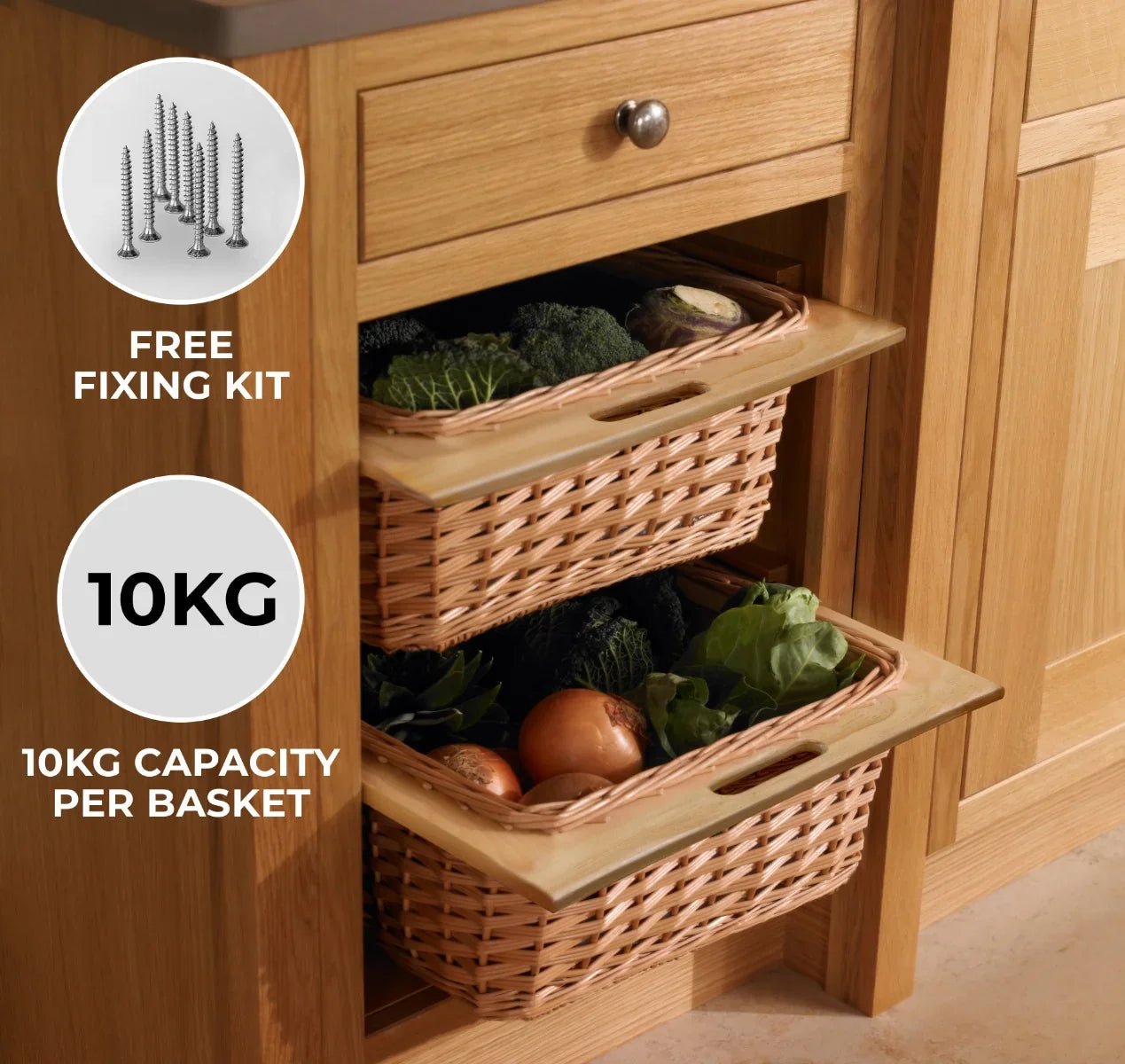 3 x Pull Out Wicker Kitchen Baskets 400mm - Image 2